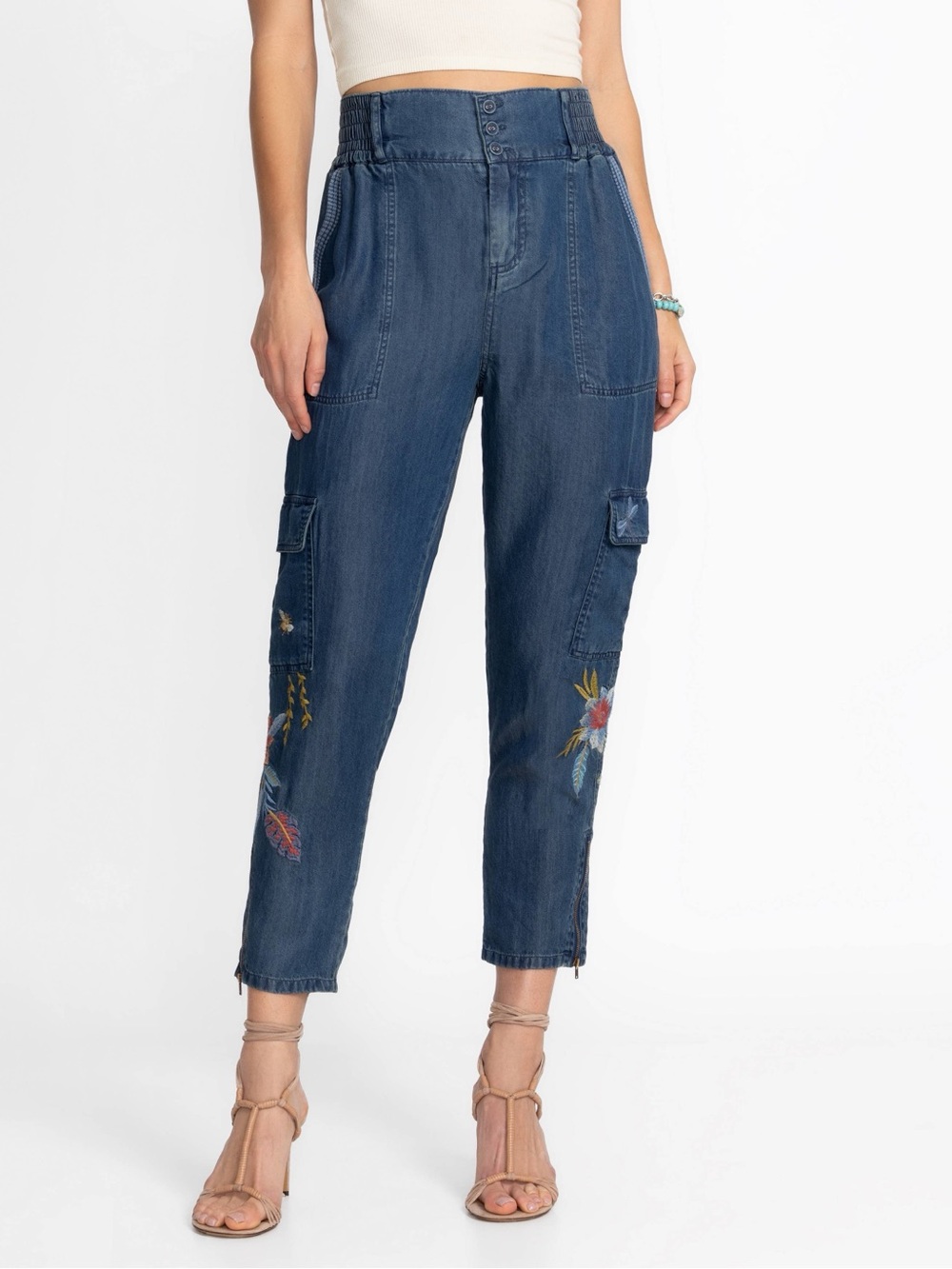 JOHNNY WAS JANE SMOCKED PANT Embroidered High-Waist Tencel Cargo Jeans (124)